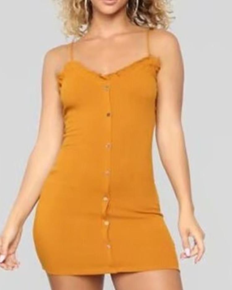 

Spaghetti Strap Button Through Bodycon Dress, Yellow