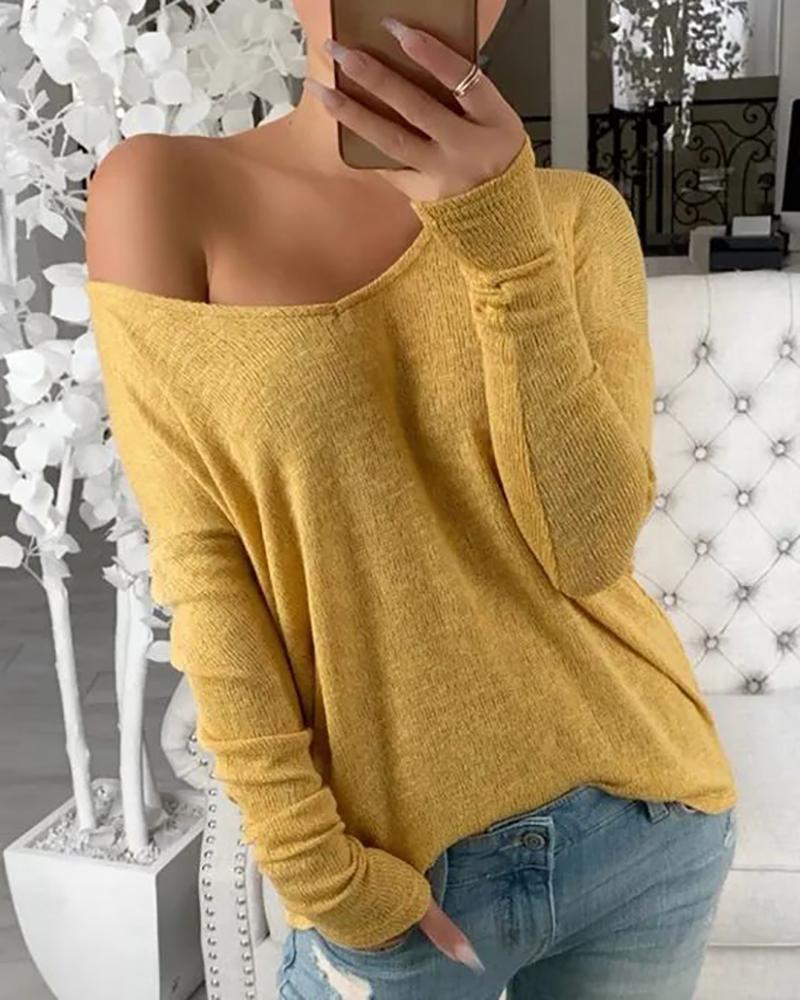 

Long Sleeve V Neck Casual Sweater, Yellow