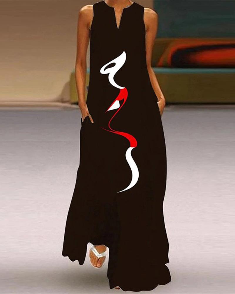 

Abstract Figure Print Sleeveless Maxi Dress, Black