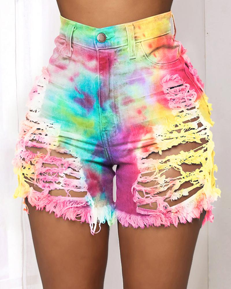 

Tie Dye Print Distressed Cutout Fringe Hem Denim Shorts, Multicolor
