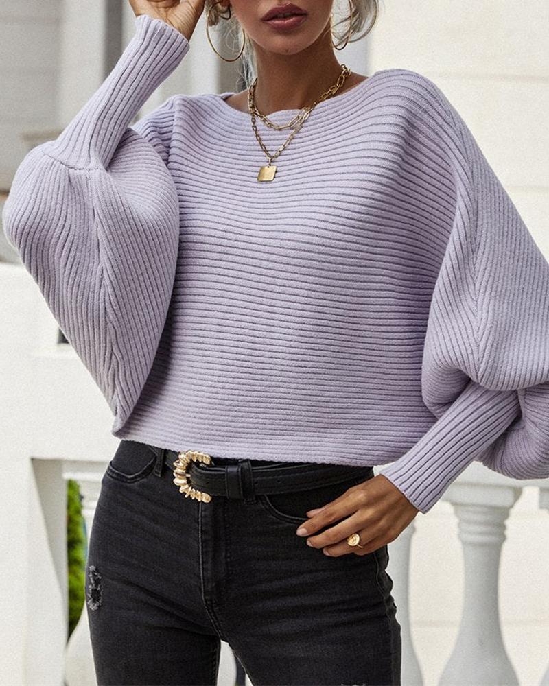 

Lantern Batwing Sleeve Oversized Ribbed Knit Sweater, Light purple