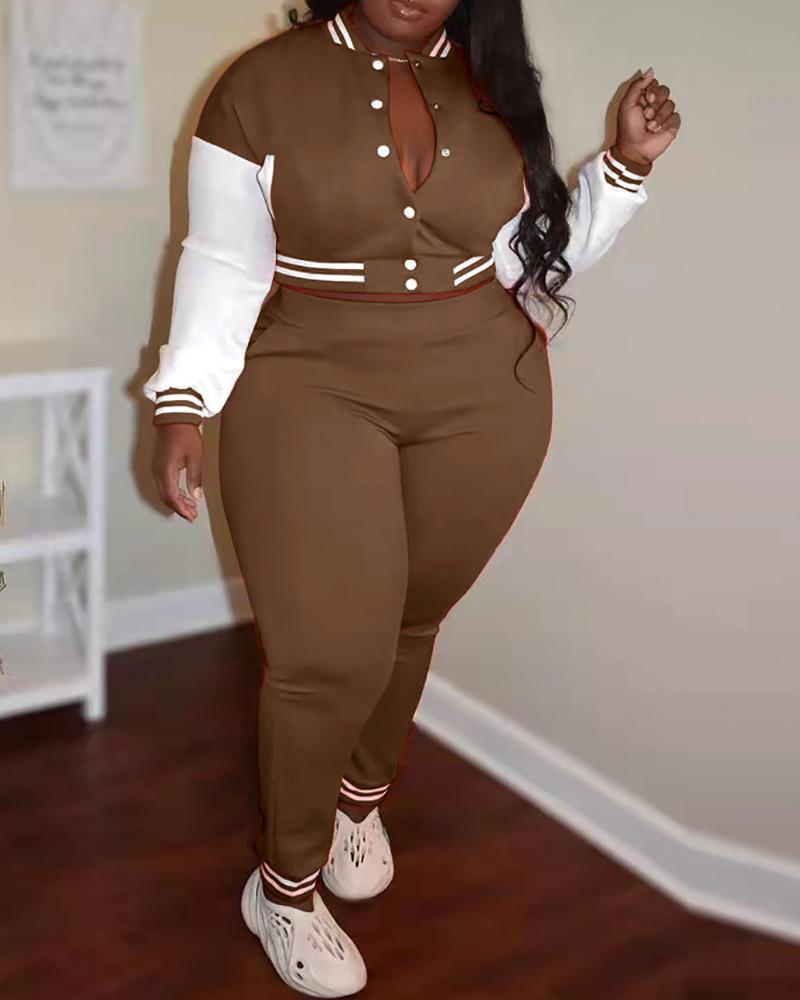 

Plus Size Striped Colorblock Baseball Jacket & Pants Set, Coffee