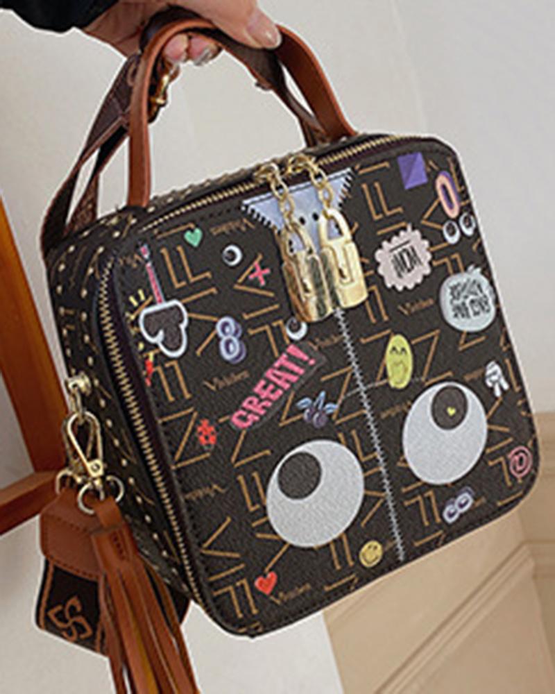 

Cartoon Print Tassel Details Square Handbag, Coffee