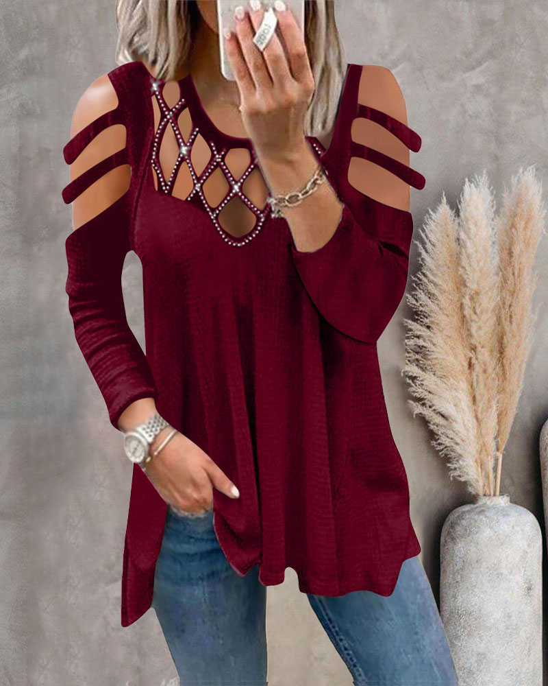 

Rhinestone Decor Hollow Out Cold Shoulder Top, Wine red