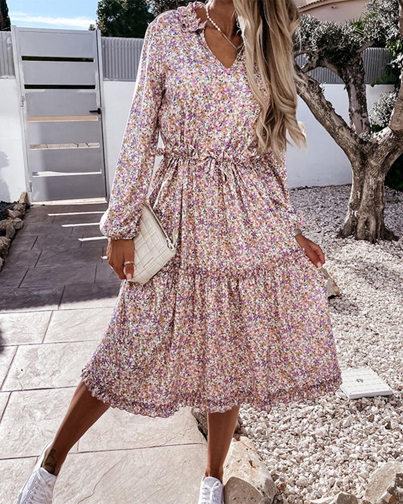 

Ditsy Floral Print V-Neck Frill Hem Casual Dress, Yellow