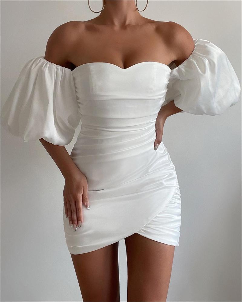 

Off Shoulder Puff Sleeve Ruched Bodycon Dress, White
