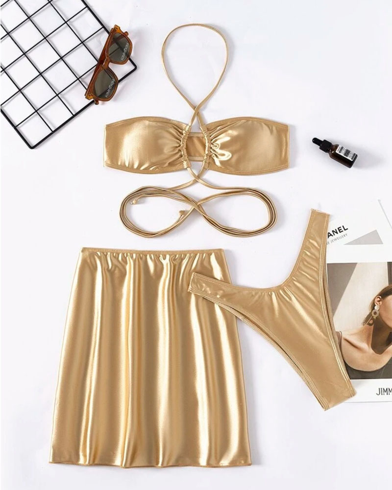 

Metallic Halter Bikini Set With Cover Up Skirt, Gold