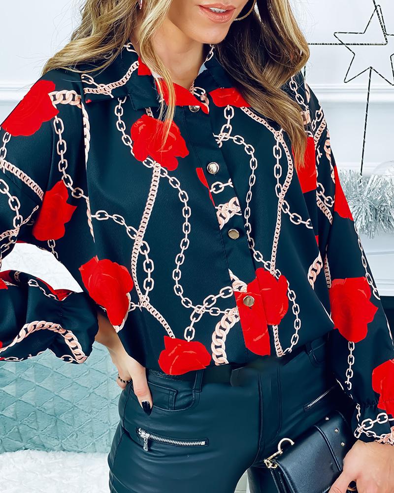 

Floral Pattern Chain Print Bell Sleeve Shirt, Red
