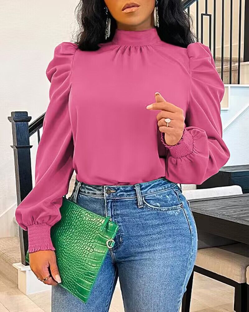 

Tie Back Shirred Puff Sleeve Top, Rose red