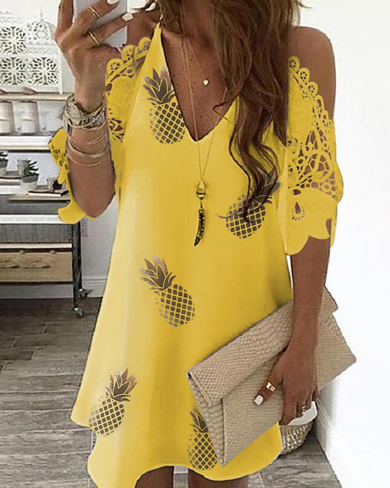 

Pineapple Print Cold Shoulder Crochet Lace Dress, Yellow