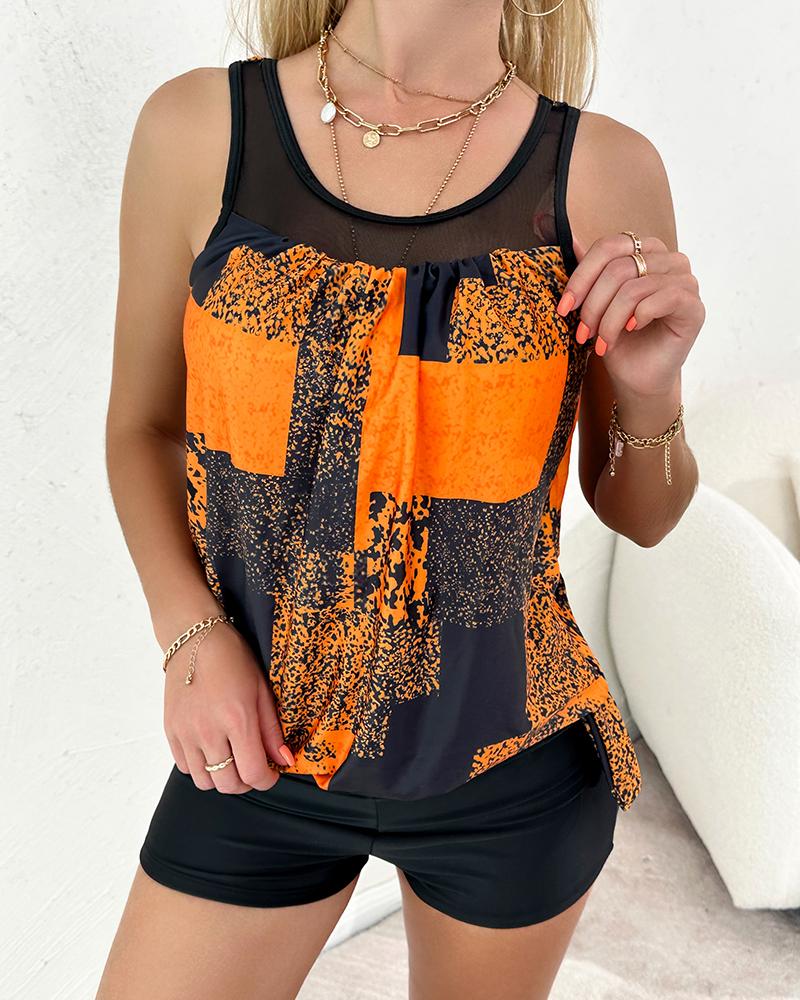 

Paisley Print Contrast Mesh Tankini Set, Orange