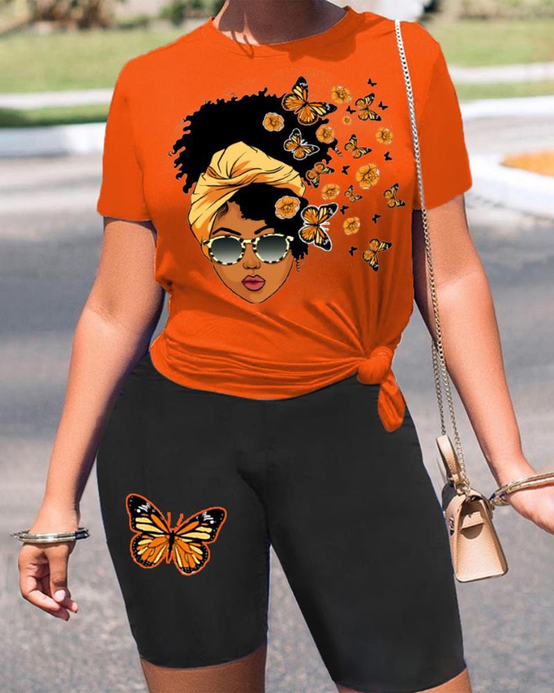 

Butterfly Figure Print Casual Top & Shorts Set, Orange