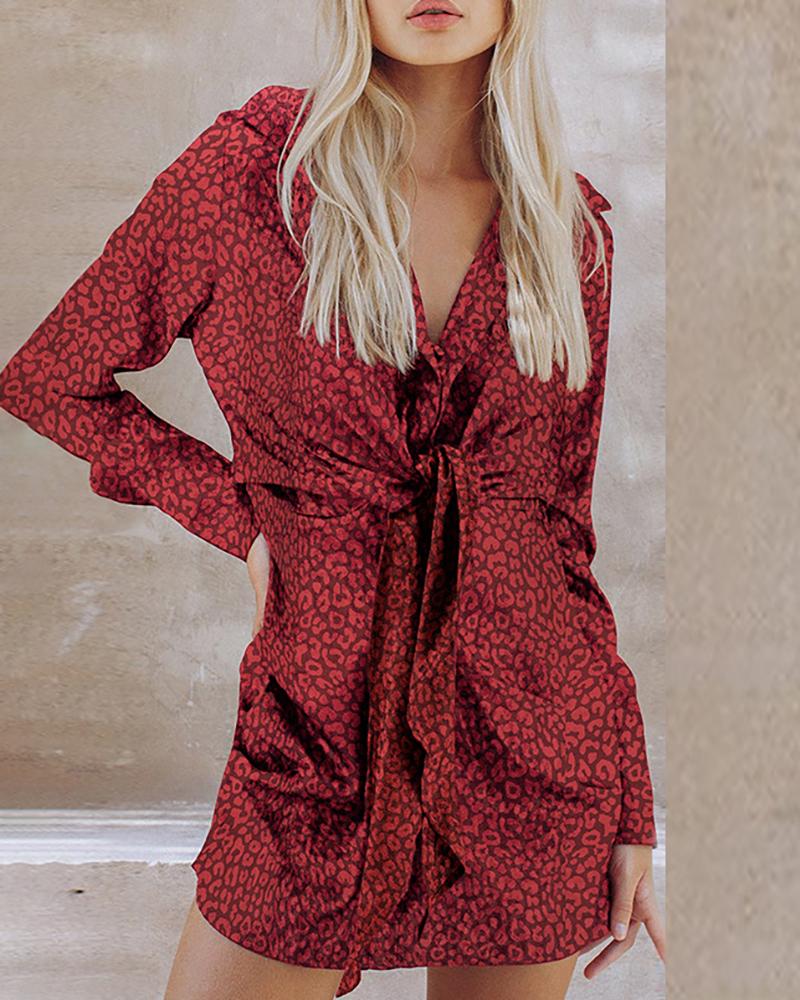 

Long Sleeve Cheetah Pattern Print Tie Front Shirt Dress, Red