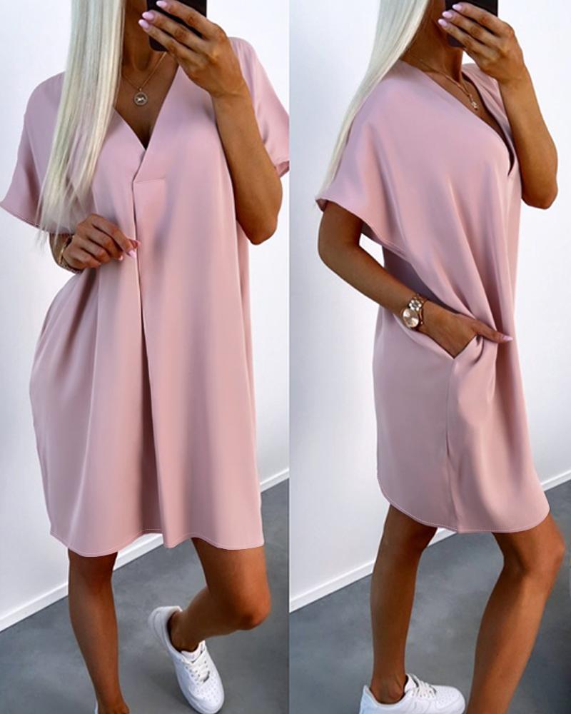 

Robe décontractée à col en V et poches, Pink