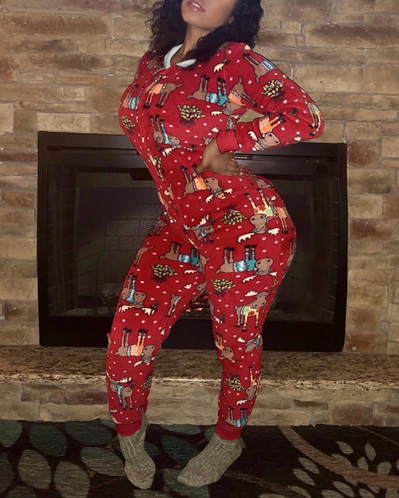 

Christmas Graphic Print Fluffy Collar Hooded Jumpsuit, Style2