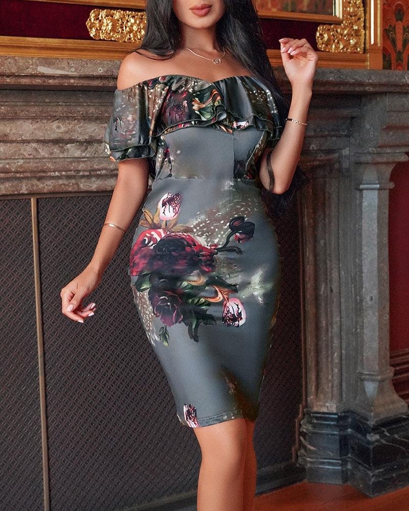 

Floral Print Off Shoulder Ruffles Skinny Dress, Gray