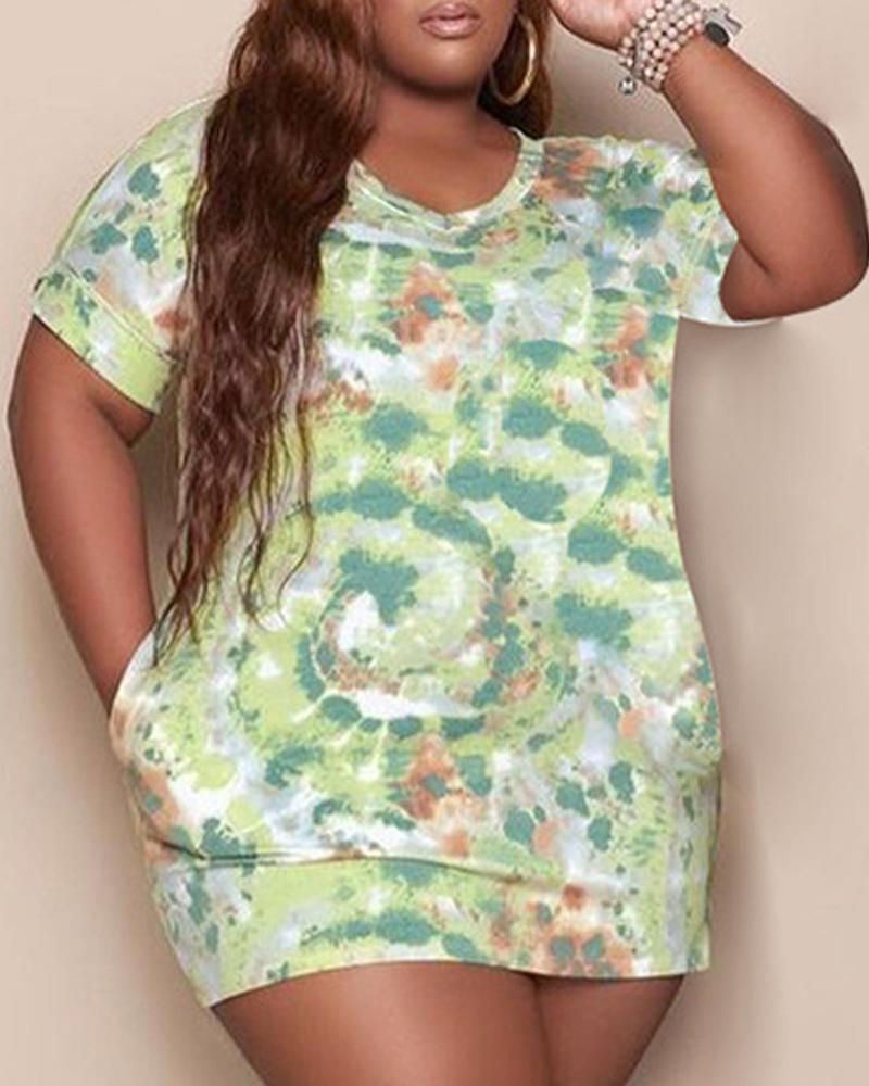 

Plus Size Tie Dye Print Casual T-shirt Dress, Green