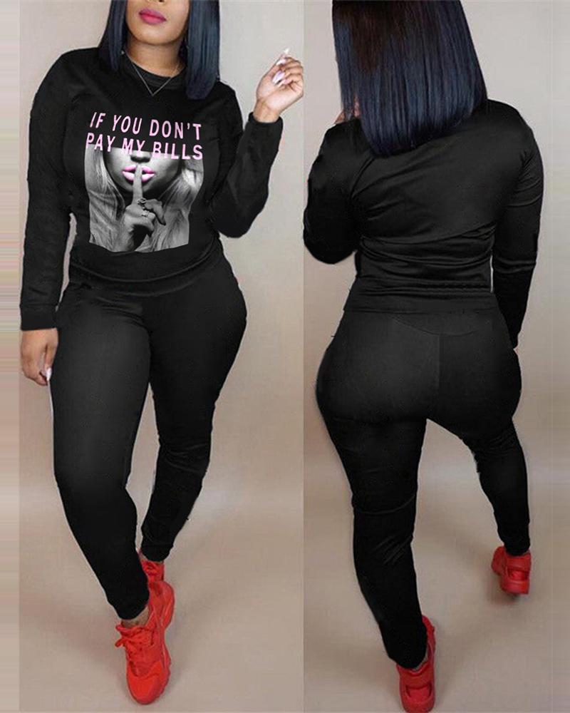 

Slogan Print Long Sleeve Top & Pants Set, Black