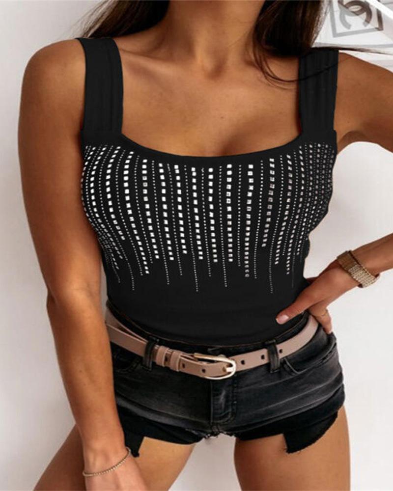 

Rhinestone Decor Casual Tank Top, Black