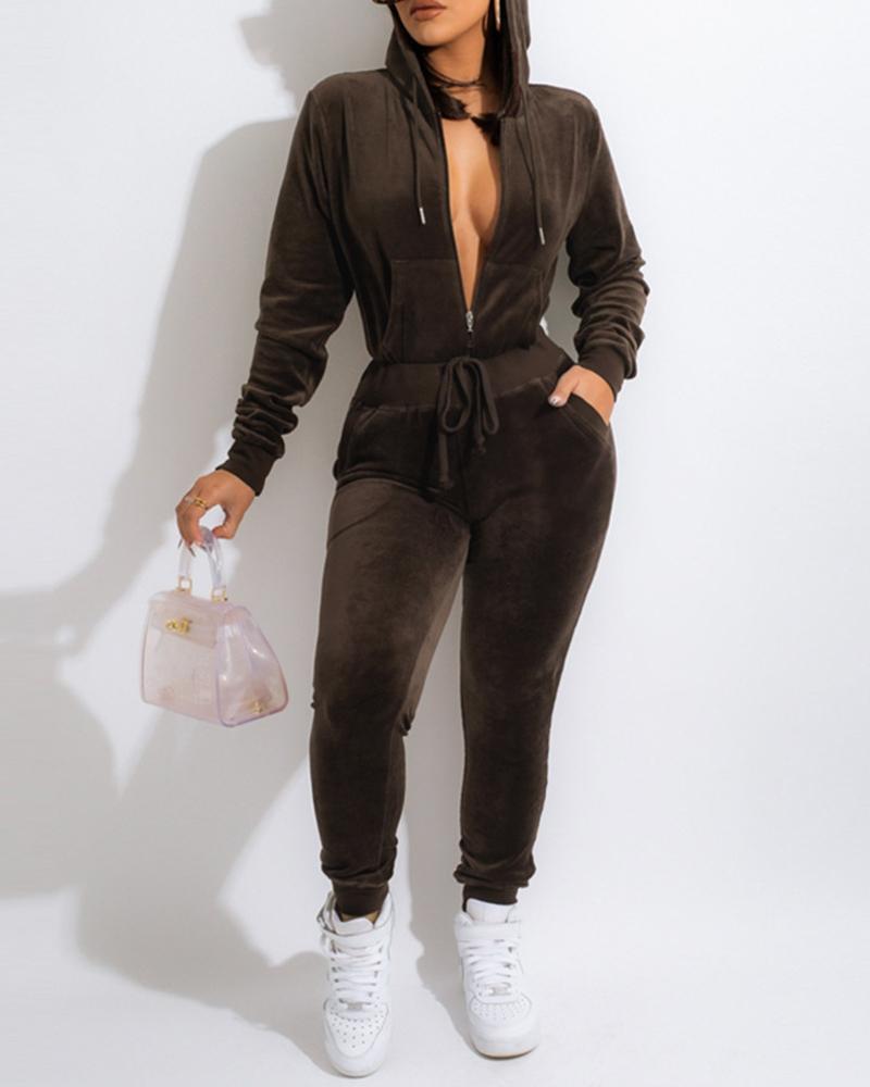 

Velvet Zipper Design Hooded Top & Pocket Design Pants Set, Brown