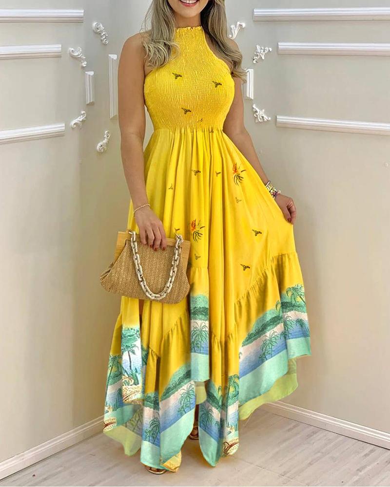 

Graphic Print Shirred Ruched Asymmetrical Maxi Dress, Yellow