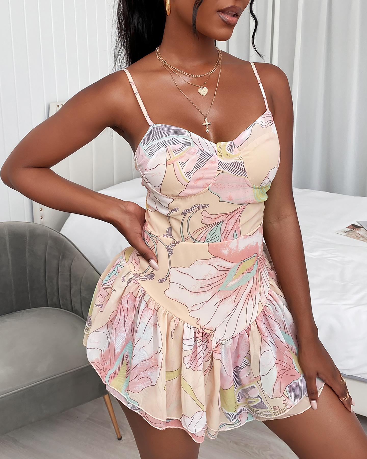 

Blooming Floral Print Ruffles Irregular Dress, Pink