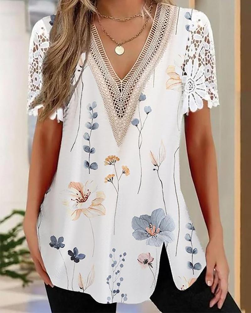 

Lace Patch Split Casual T-shirt, White