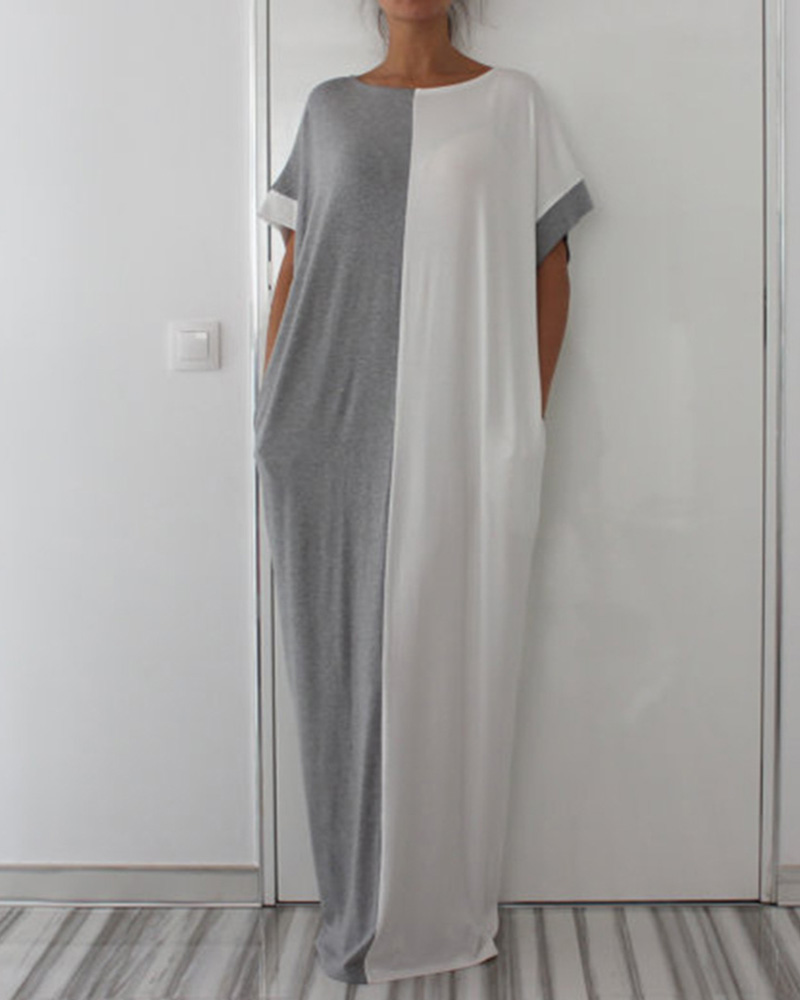 

Colorblock Short Sleeve Casual Maxi Dress, Gray