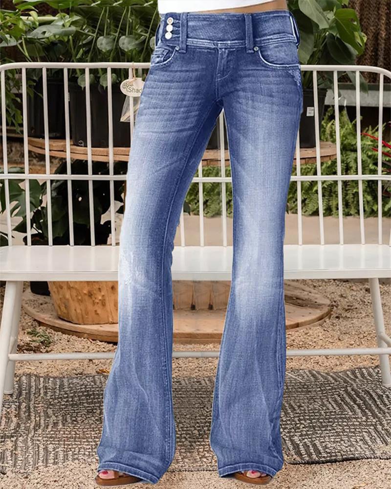 

Vintage Button Side Design Flared Leg Jeans, Lighted blue