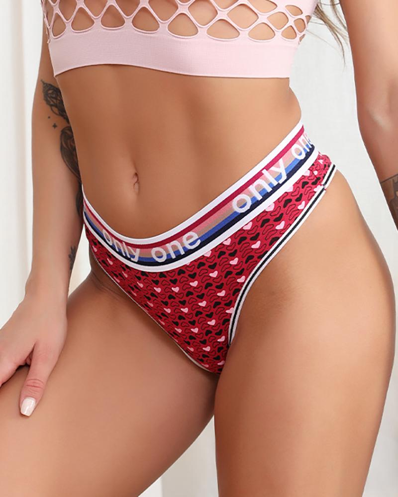 

Letter Striped Trim Heart / Graphic Print Panty, Red