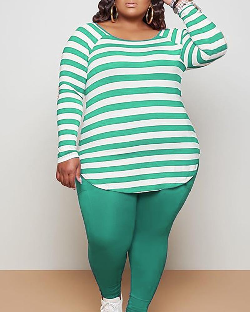 

Plus Size Long Sleeve Striped Top & High Waist Pants Set, Green