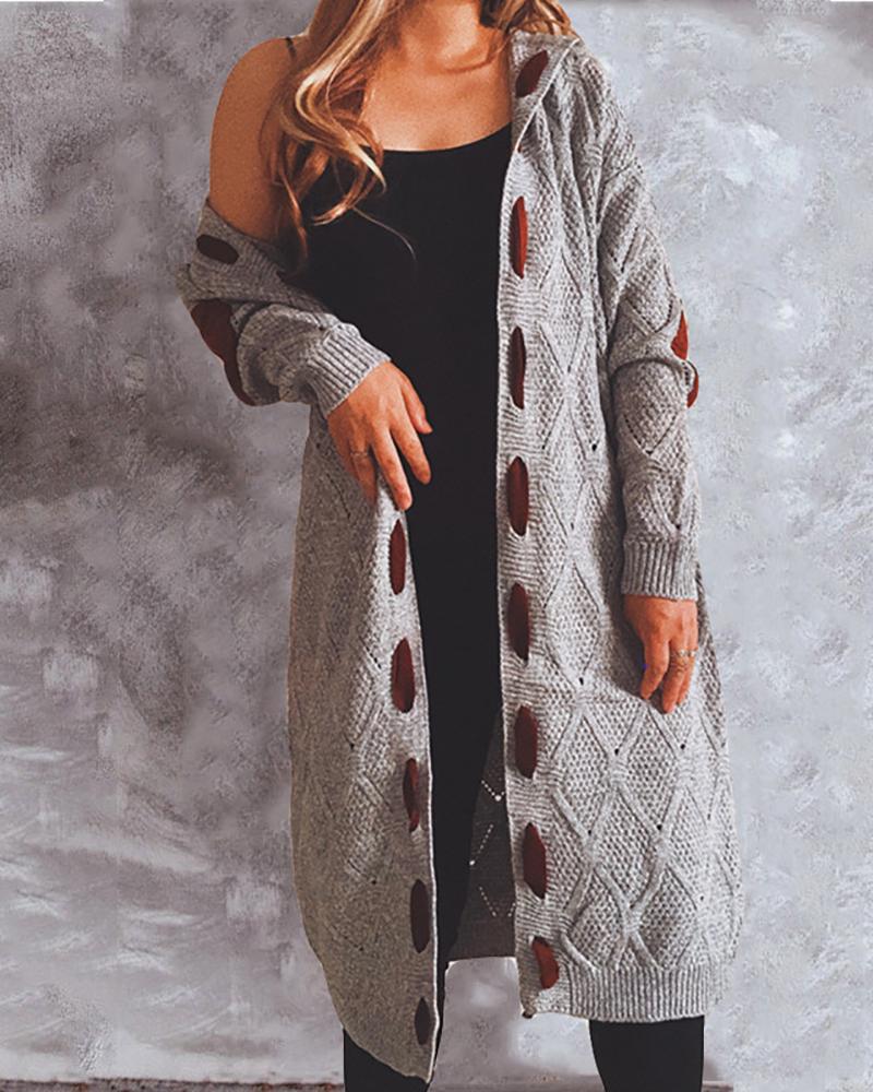 

Suede Patch Lantern Sleeve Hooded Knit Cardigan, Gray