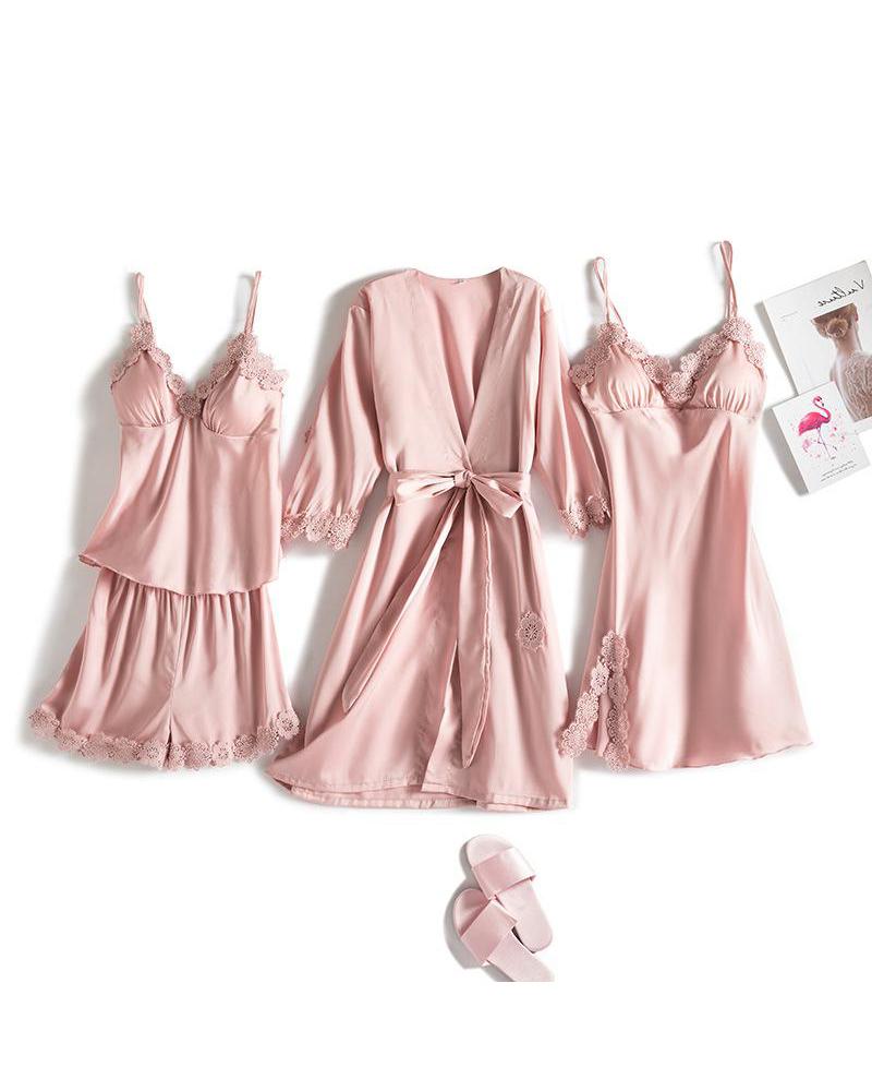 

Satin Lace Detail 4Pcs Pajama Set, Pink