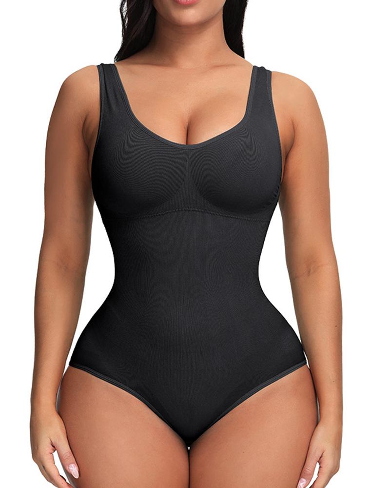 

U-Neck Skinny Waist Sleeveless Bodysuit, Black