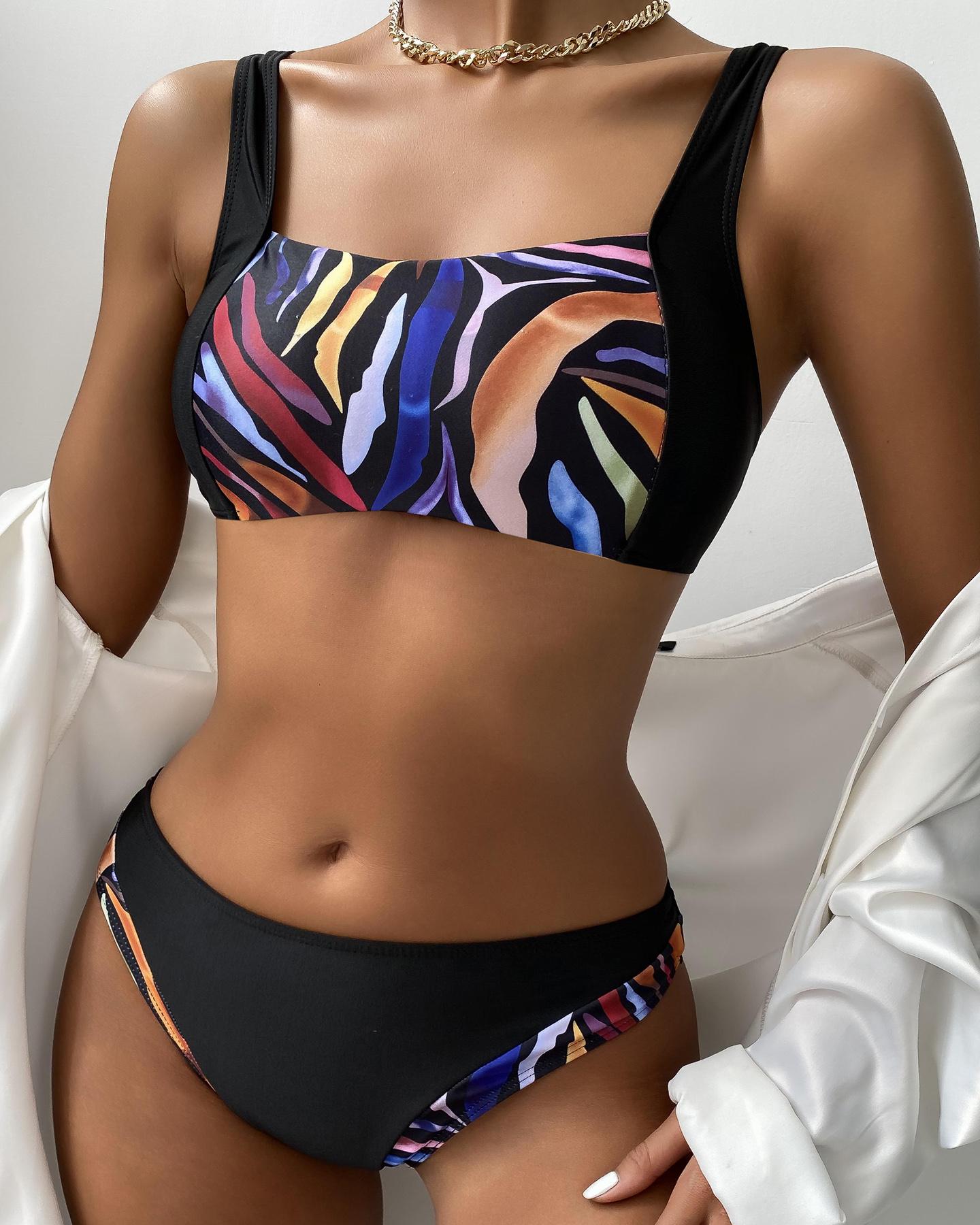 

Colorblock High Waist Square Neck Bikini Set, Black