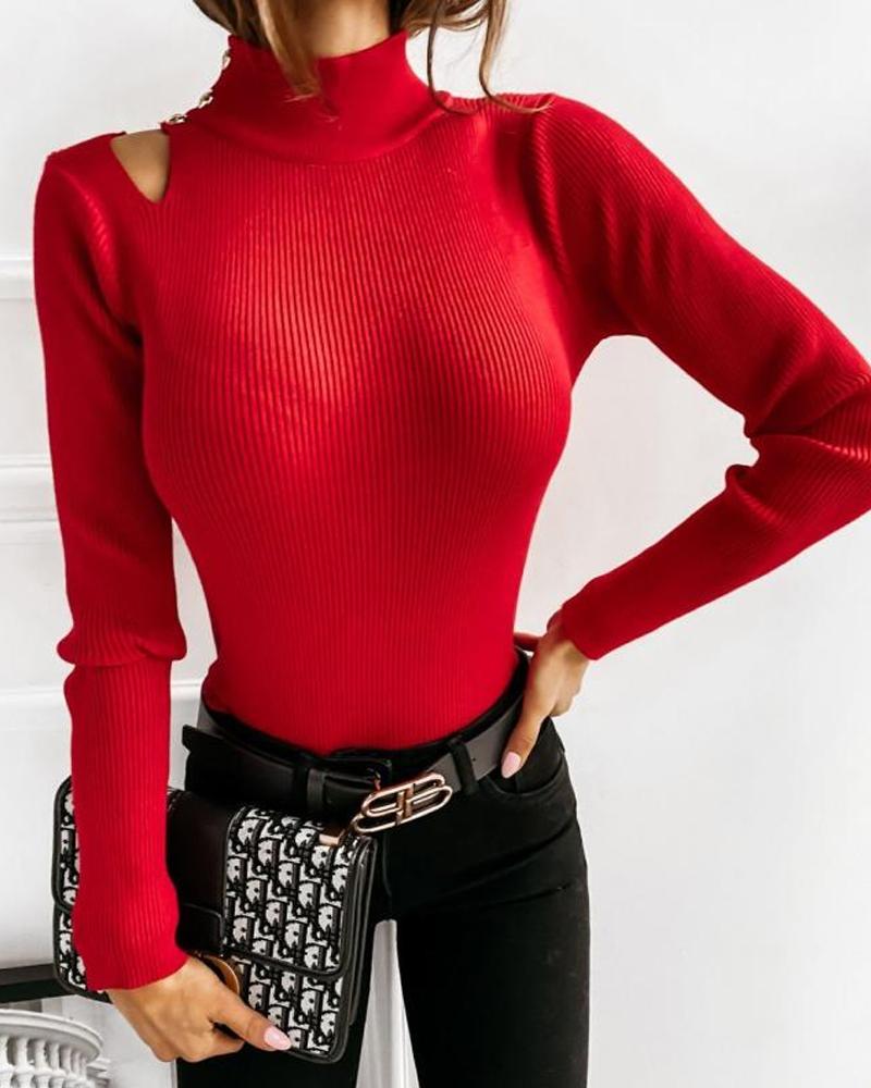 

Cutout Button Decor Long Sleeve Knit Top, Red