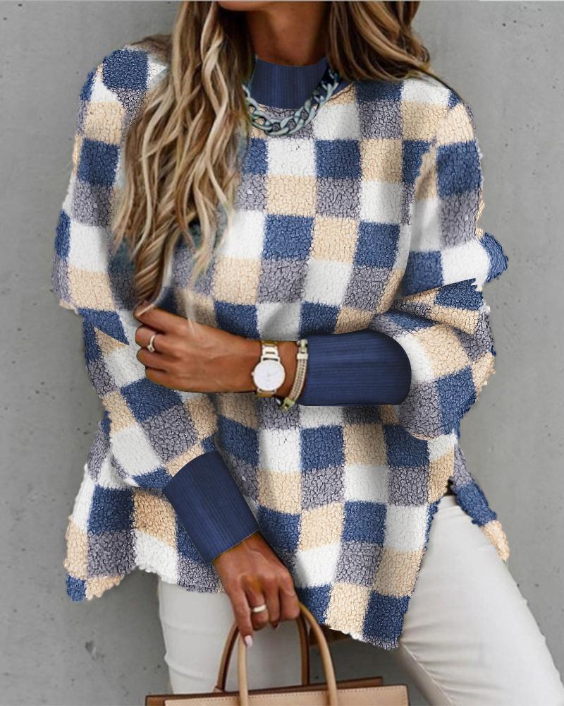 

Plaid Print Long Sleeve Mock Neck Split Hem Teddy Sweater, Blue