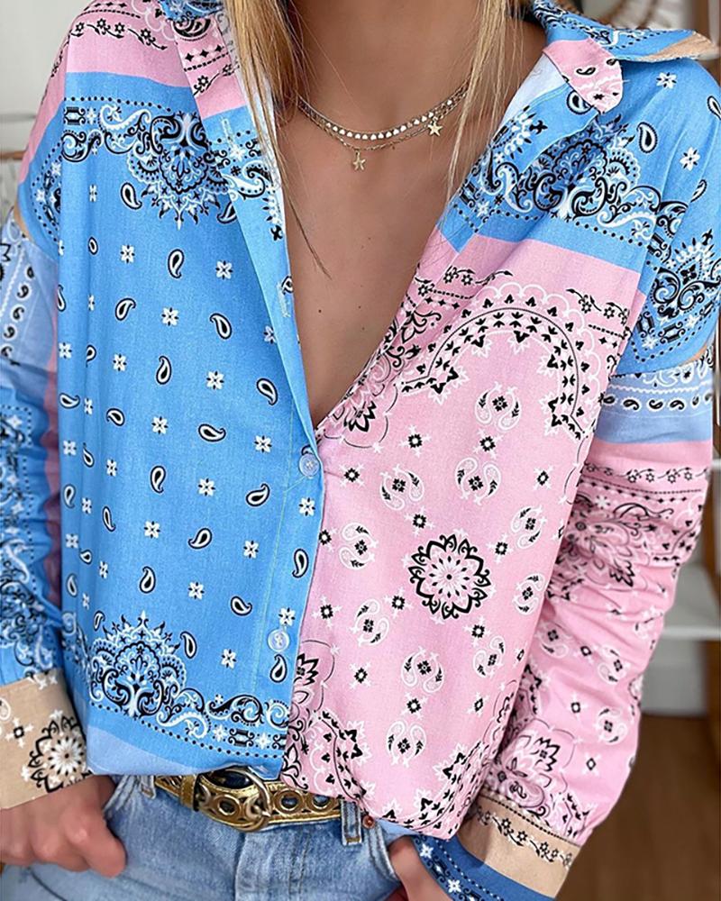 

Paisley Print Colorblock Long Sleeve Button Design Top, Blue