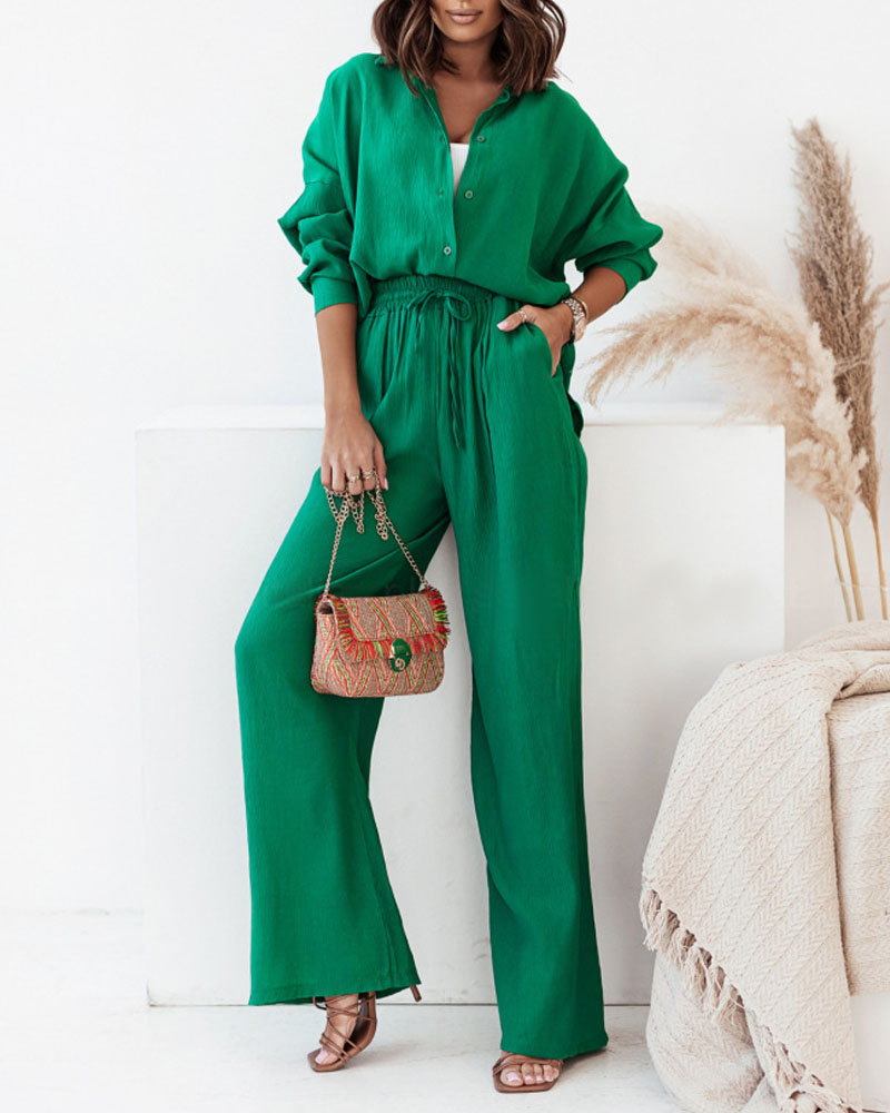 

Long Sleeve Button Down Shirt & High Waist Pants Set, Green