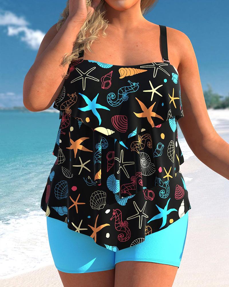 

Sea Animal Print Layered Ruffles Tankini Set, Black
