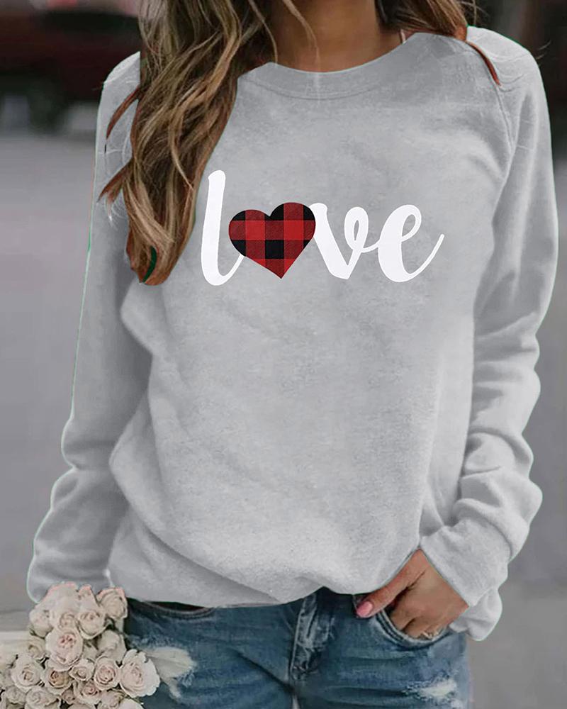 

Letter Heart Print Casual Long Sleeve Sweatshirt, Gray