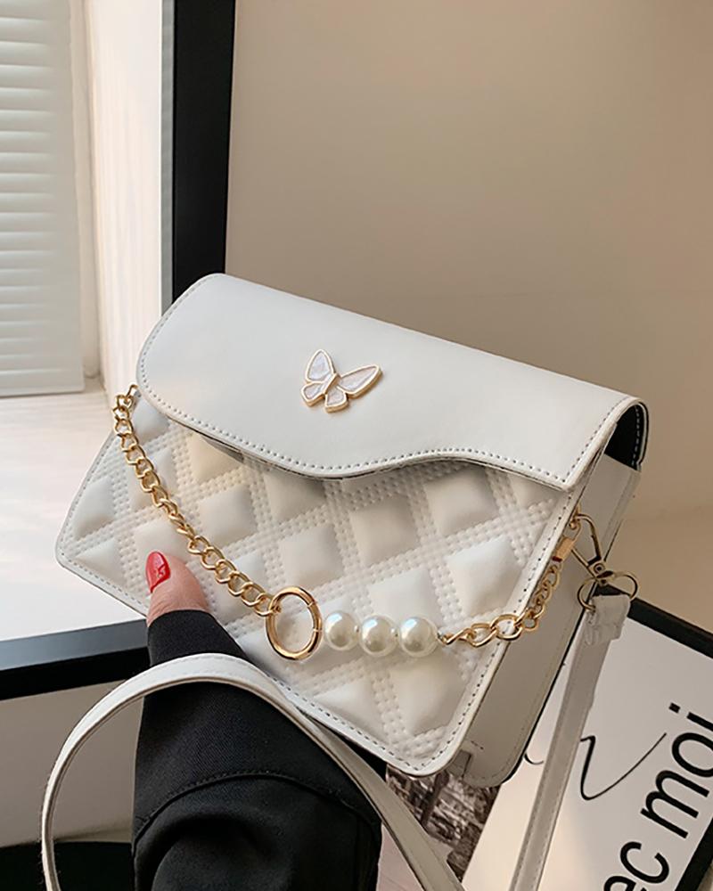 

Pearls Chain Decor Butterfly Pattern Quilted Crossbody Bag, White
