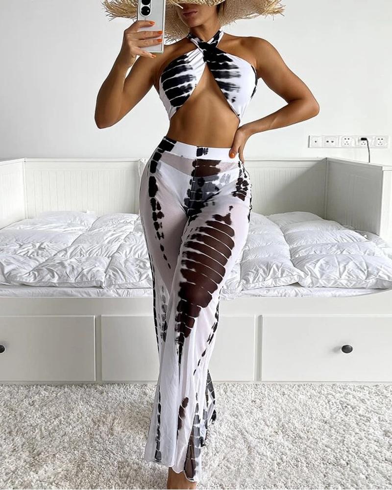 

3PCS Tie Dye Print Halter Bikini Set With Cover Up Pants, Black