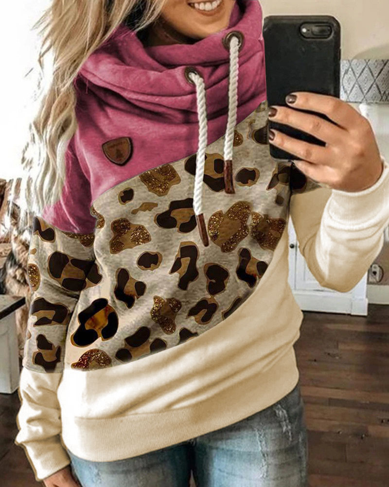 

Lantern Sleeve Colorblock Leopard Print Hooded Top, Hot pink