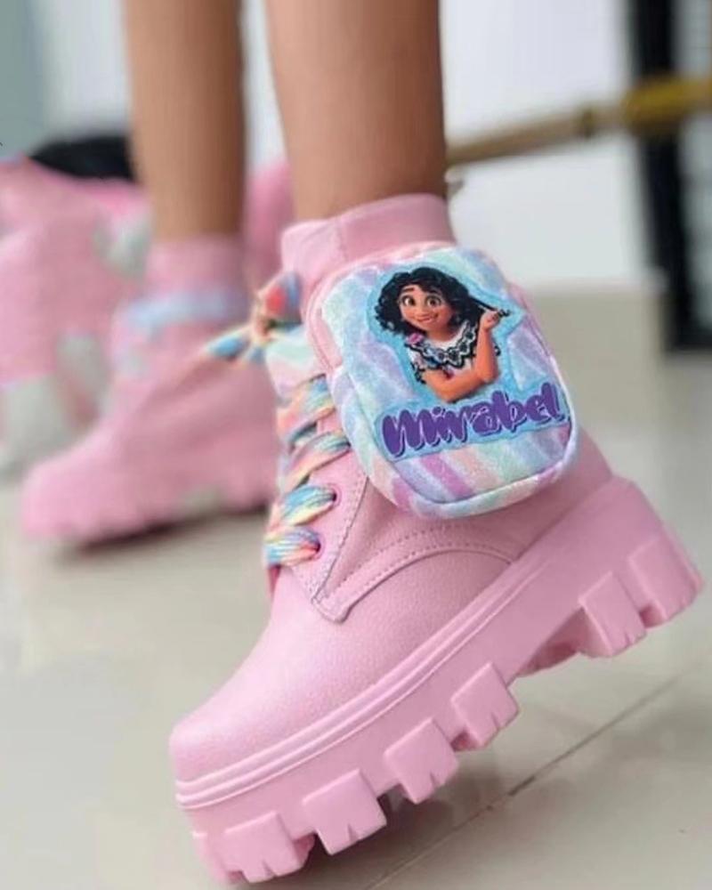 

Cartoon Pocket Pattern Lace-up Ankle Boots, Pink