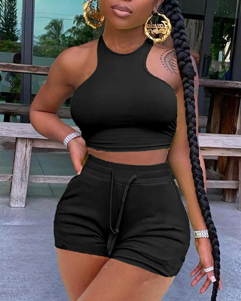 

O-Neck Sleeveless Crop Top & Drawstring Shorts Set, Black