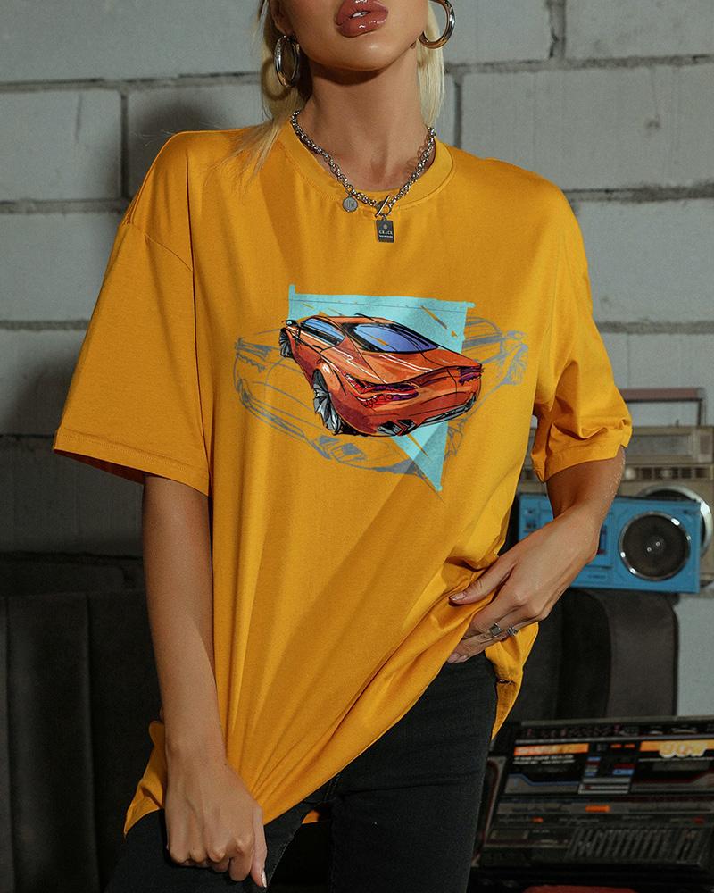 

Car Cartoon Print Short Sleeve Loose T-shirts, Yellow