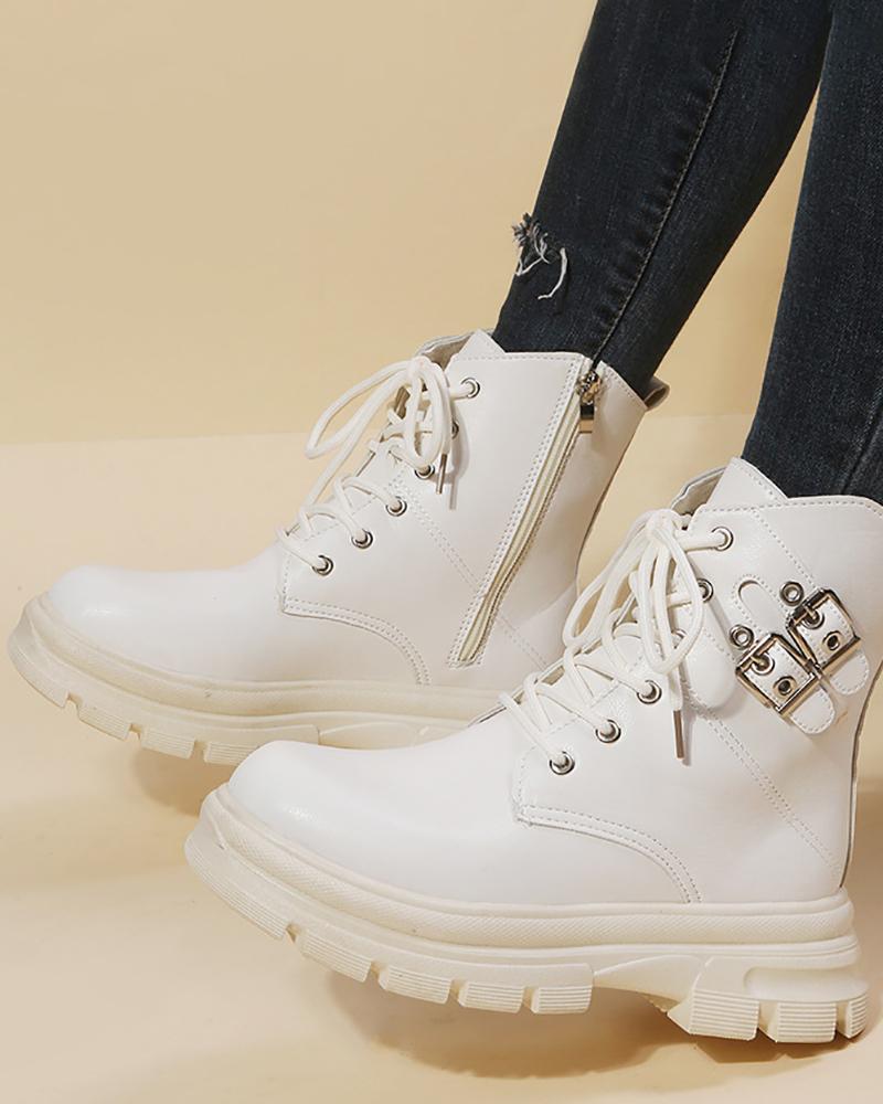 

Eyelet Lace-up Buckled Martin Boots, Beige