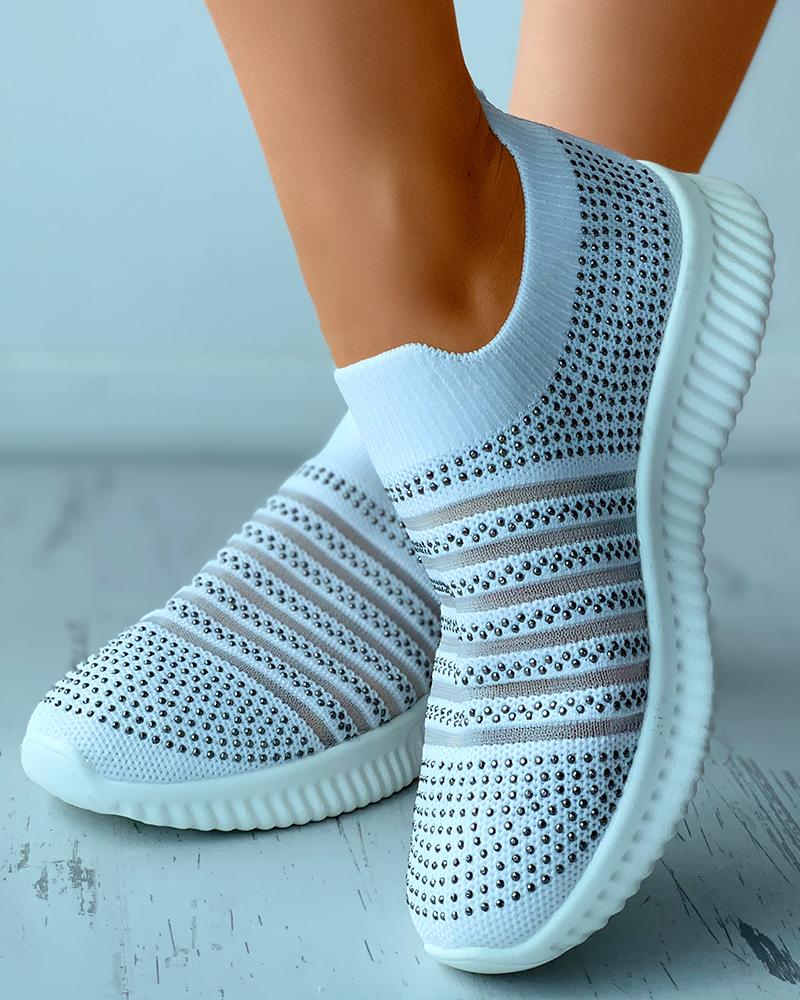 

Studded Decor Breathable Knit Casual Sneaker, White