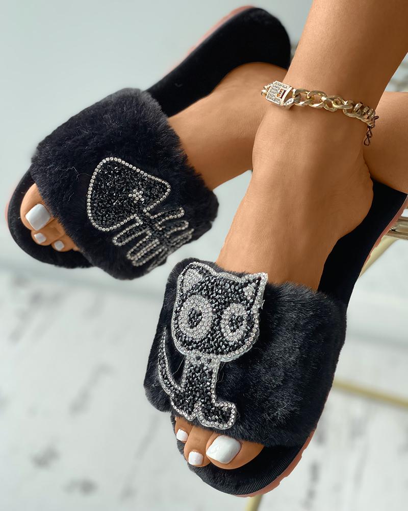 

Graphic Pattern Rhinestone Decor Fluffy Casual Slippers, Black